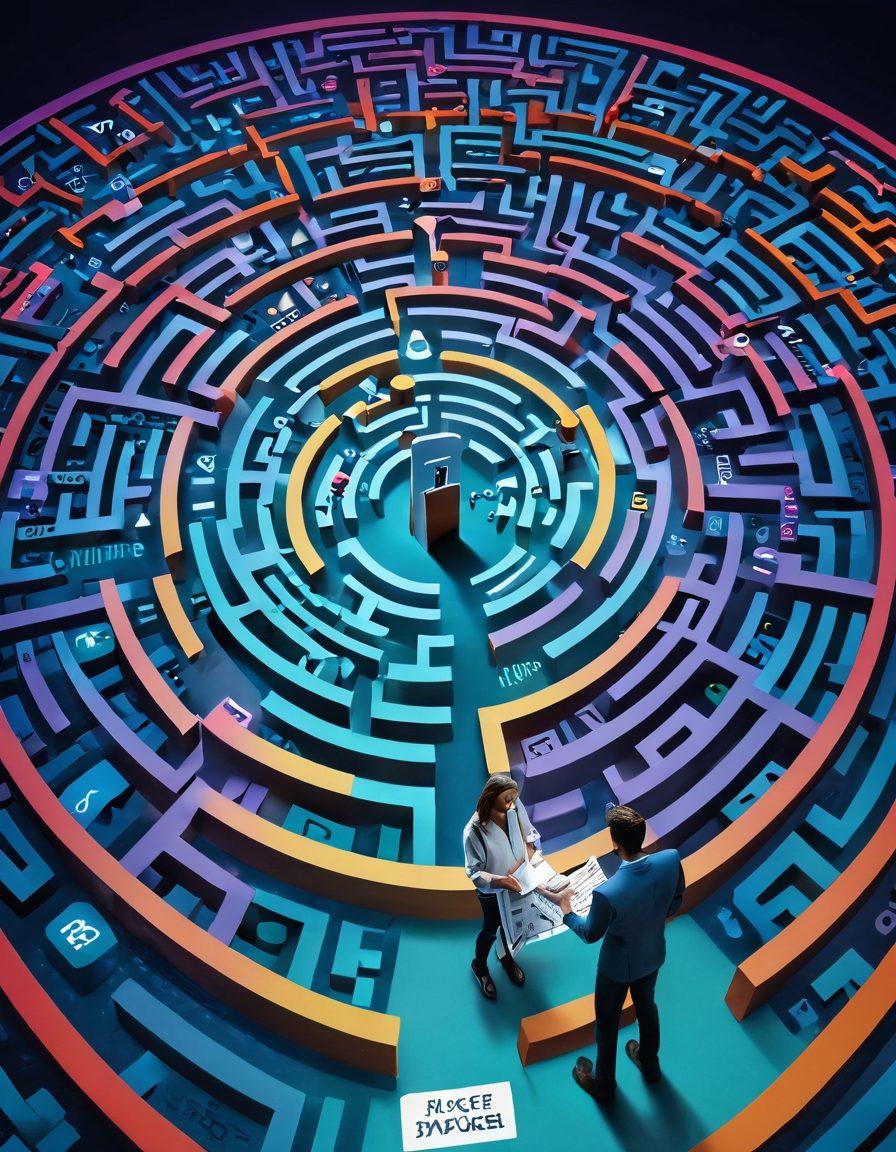 A complex maze with multiple pathways, symbolizing navigation, surrounded by a maze of ticket stubs and legal documents. In the foreground, a determined figure is holding a smartphone displaying a payment app, emphasizing the theme of effective ticket payments. Brightly colored signs label different sections of the maze, such as 'Payments', 'Legal Advice', and 'Customer Support'. A light illuminating the exit of the maze hints at successful navigation. vibrant colors. 3D.