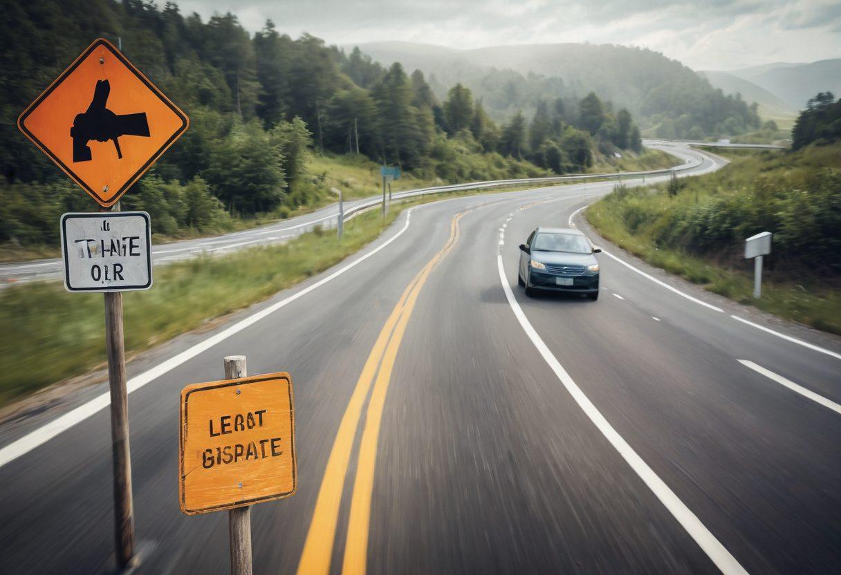 A serene yet dynamic scene of a winding road with blurred traffic, a gavel and a traffic sign merging into the landscape to symbolize legal guidance. Include a person holding a legal book looking confidently at the road ahead, illustrating expert advice on navigating traffic laws. Soft, calming colors with a touch of urgency, stylized as a digital painting.