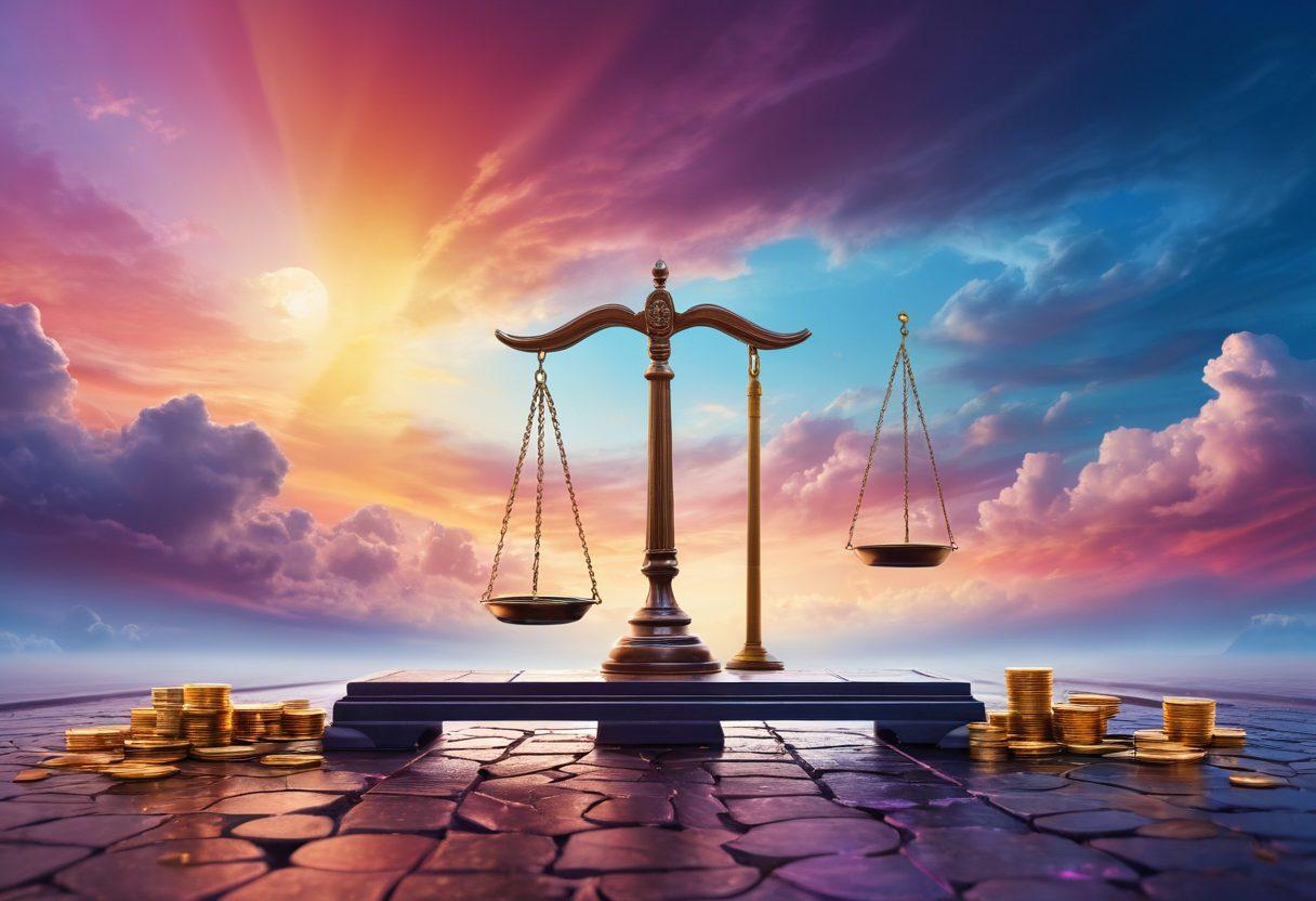 An abstract representation of a legal path, with a balance scale transitioning from penalties depicted as heavy weights on one side to vibrant payments symbolized by shining coins on the other. Include a winding road that combines elements of law (gavel, scales) and finance (coins, bills) under a dramatic sky. The atmosphere should evoke a sense of hope and resolution. vibrant colors. vector art.